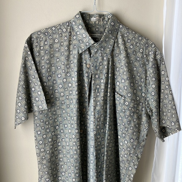 Burma Bibas Men's Short Sleeve Button Down Shirt, Blue Gray Green Geometric - Picture 2 of 7